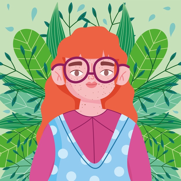 Vector perfectly imperfect, cartoon girl with glasses, foliage leaves background