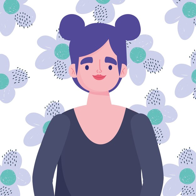 Perfectly imperfect, cartoon woman bun hair character portrait