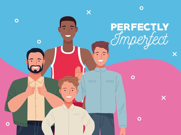 Vector perfectly imperfect people group characters with blue and pink background