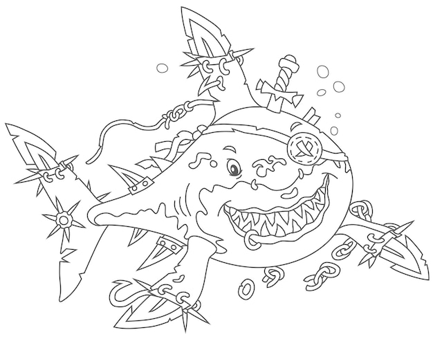 Perfidiously smiling Great White Shark Pirate with fins sabers attacking