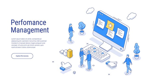 Vector performance management outline isometric concept character managing work task