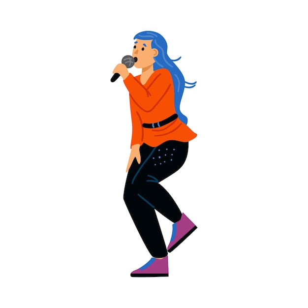 Vector performance singing girl with microphone at karaoke or popular music show