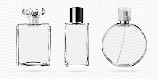 Vettore bottiglia di profumo bottiglia di vetro per profumi e profumeria illustrazione vettoriale mockup 3d realistico