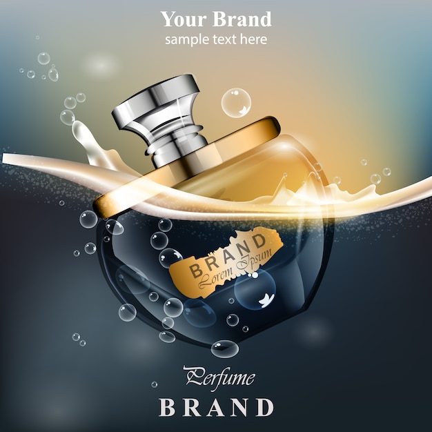 Perfume bottle water bubbles background. realistic vector product gold packaging design mo