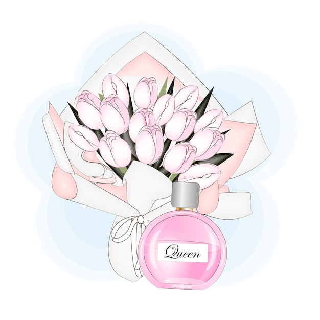 Perfume and a bouquet of tulips fashion vector illustration print