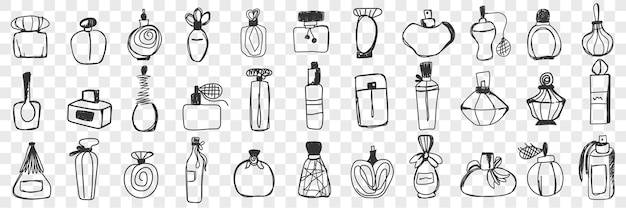 Perfume containers doodle set illustration of glass bottles with fragrances