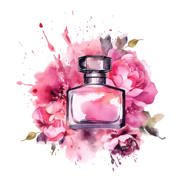 Perfume and flowers rose pink watercolor clipart fashion illustration