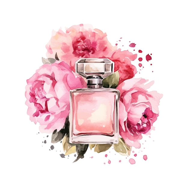 Perfume and flowers rose pink watercolor clipart fashion illustration