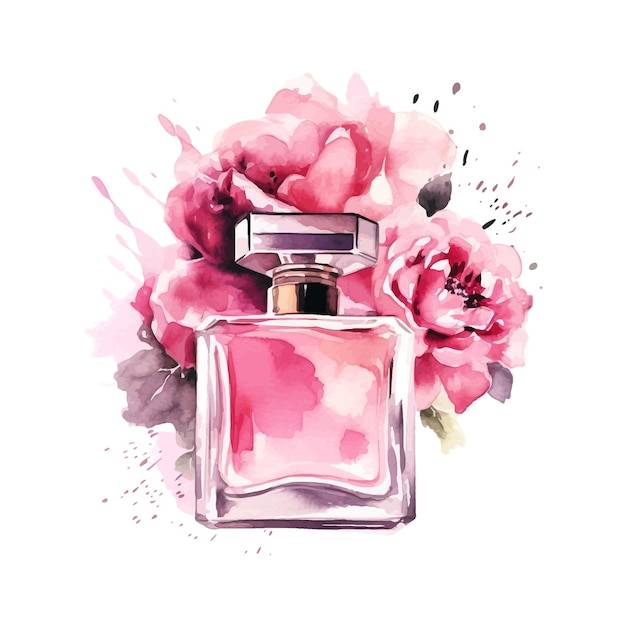 Perfume and flowers rose pink watercolor clipart fashion illustration