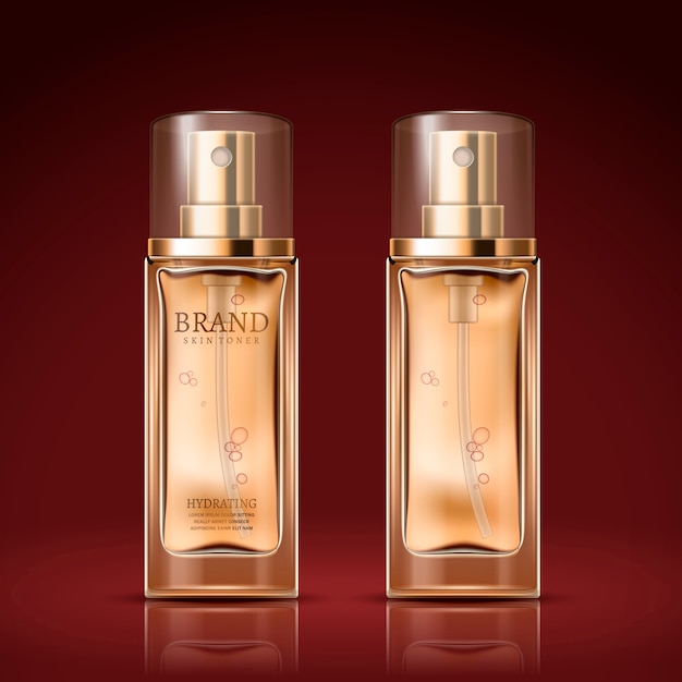 perfume glass bottle package design isolated on scarlet background,  illustration