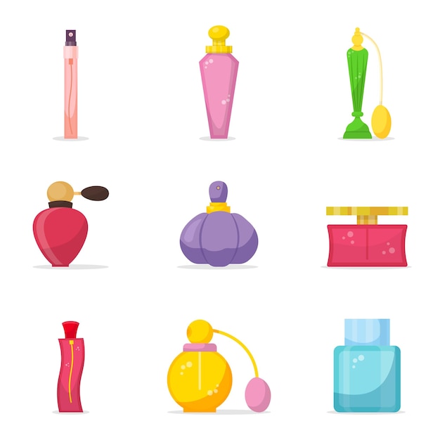 Vector perfume glass bottles set isolated collection of different women trendy cologne icons makeup beauty wellness fashion