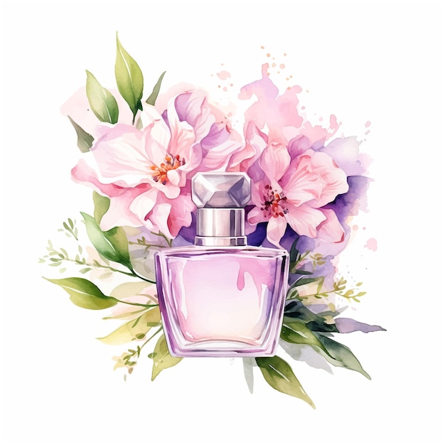 Perfume surrounded by flowers watercolor paint