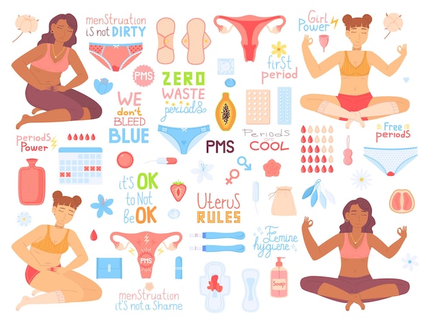 Periode en vrouw gezondheidsconcept Meisje in pijn PMS belettering nul afval menstruatie symbool