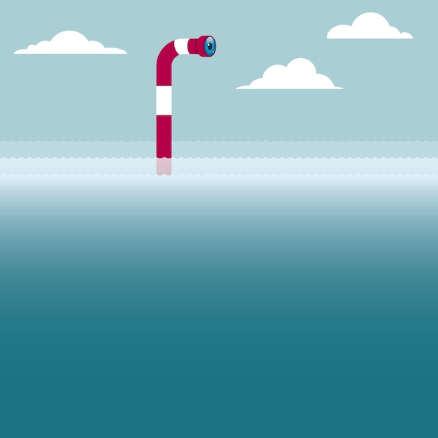 Vector periscope above the water.sky with clouds.isolated on blue background.