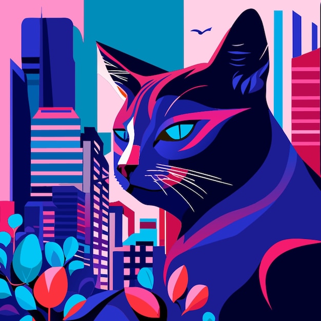 Vector periwinkle cat in chicago vibrant illustration style of charley harper style of jim shore style