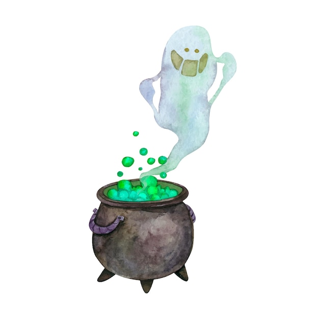 Perky ghost from the witch's cauldron Watercolor hand drawn Halloween clipart isolated on white