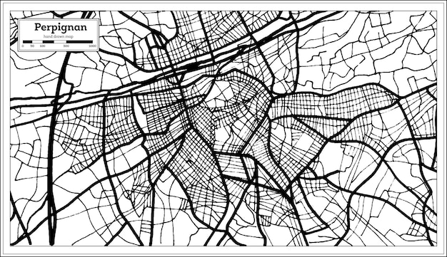 복고 스타일 개요 지도에서 흑백 색상의 페르피냥 프랑스 도시 지도