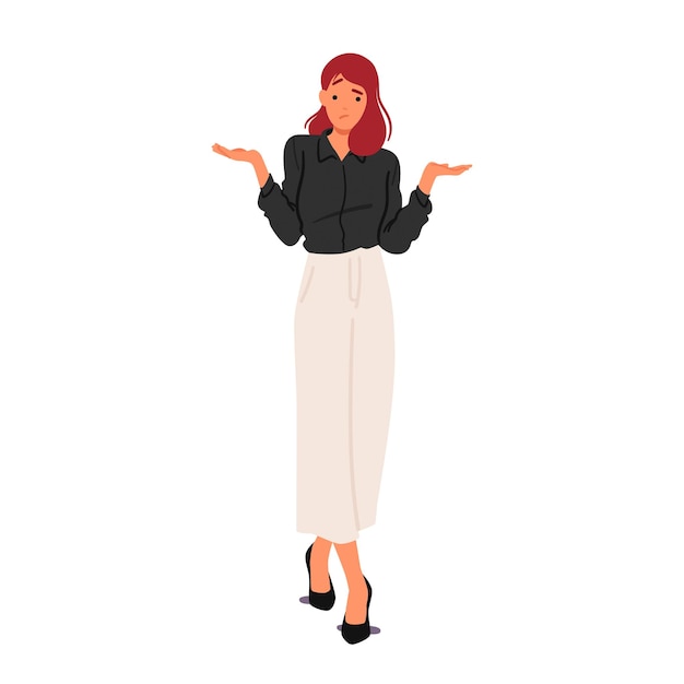 Perplexed Businesswoman Shoulders Shrugged Wearing A Puzzled Expression As She Navigates A Maze Of Complex Decisions And Uncertain Choices In The Corporate World Cartoon People Vector Illustration
