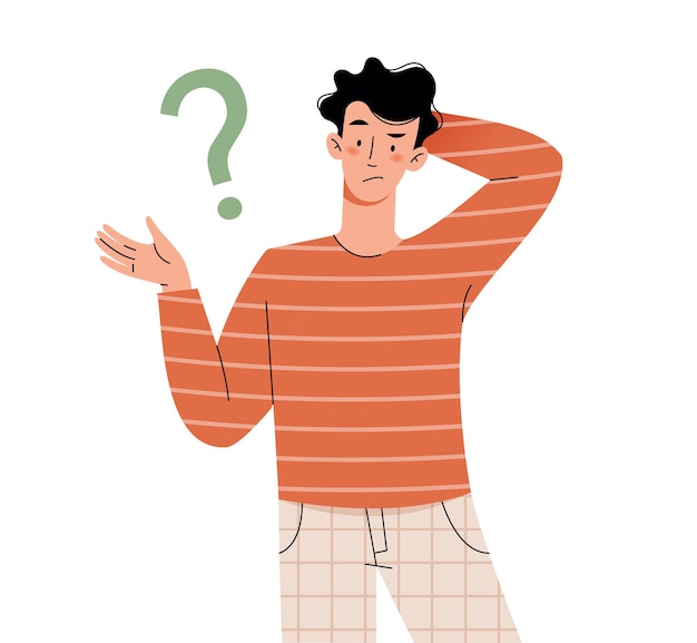 Perplexed guy with question marks Isolated flat character on a white background