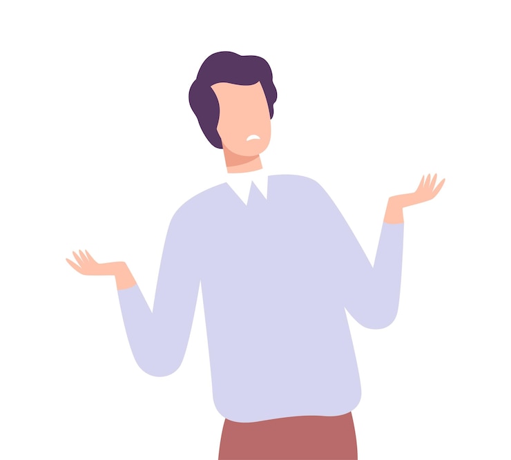 Vector perplexed shocked or surprised man guy shrugging his shoulders flat vector illustration