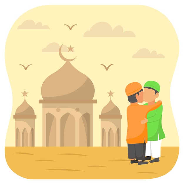 Person are wishing Eid Greeting After Prayer in Mosque Lawn concept vector icon Design Ramazan and