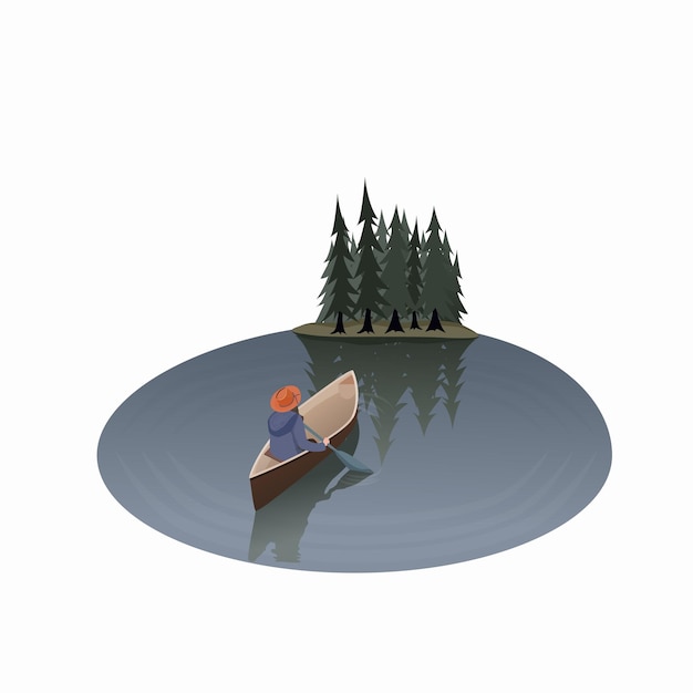 A person in a boat with a red head on the back is rowing a forest of trees.