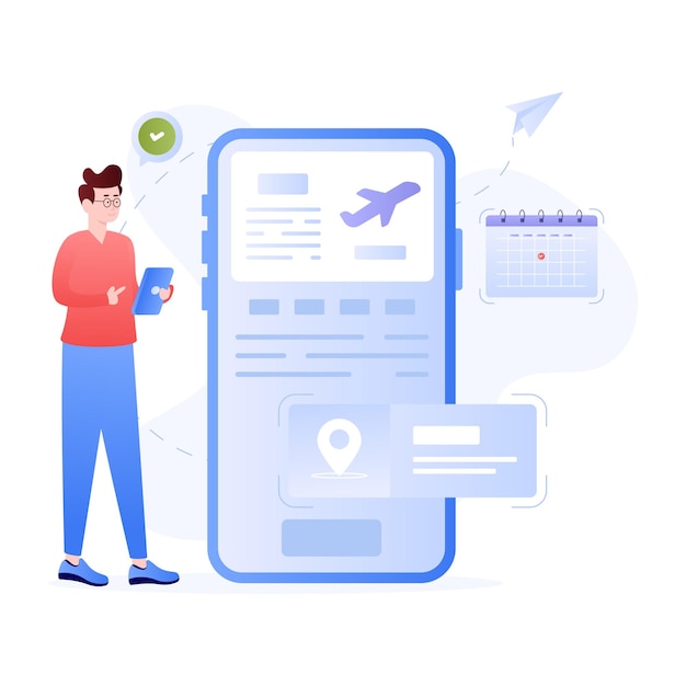 Person checking flight schedule online flat illustration