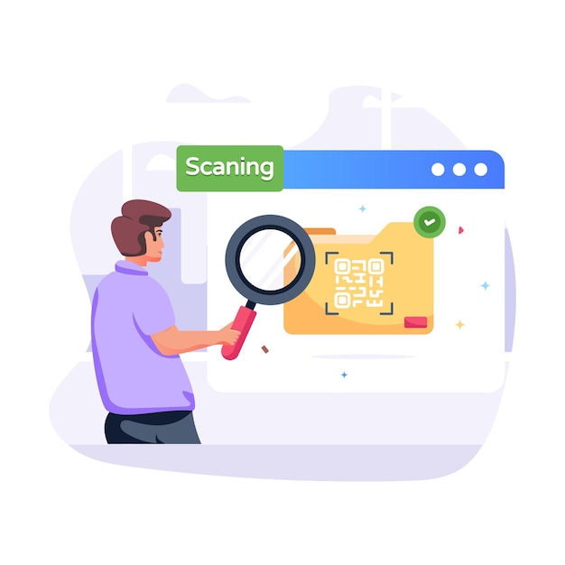 Person checking folder with magnifier concept of document scanning flat illustration