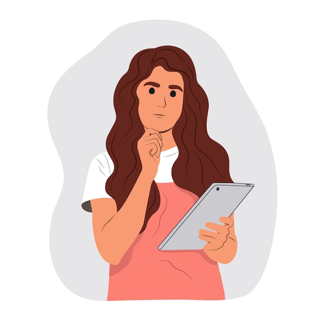 Vector person choosing answer in online pensive young girl holding a tablet while giving answers online