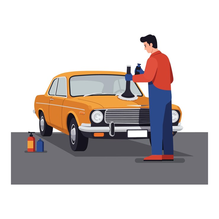 Vector person cleaning a vintage orange car with a spray bottle and cloth