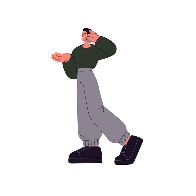 person communicates with mobile phone call young man holds smartphone in hand talks on the go guy speak chats with telephone while walk flat isolated vector illustration on white background