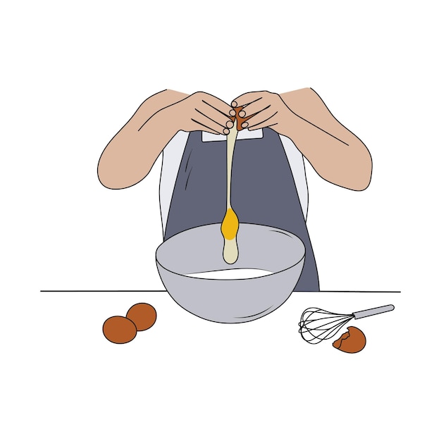 Vettore persona che cucina cibo da farina e uova donna che fa l'impasto per la cottura in una ciotola line vector art