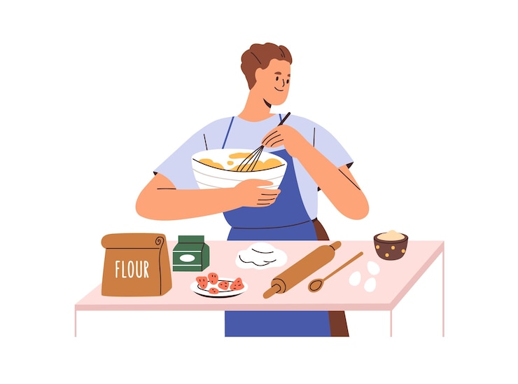 Vector person cooks home food from flour and eggs man cooking at kitchen table preparing dough for baking in bowl homemade bakery preparation flat vector illustration isolated on white background