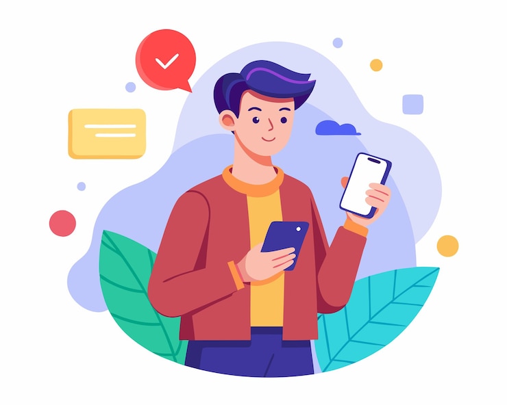 Vector a person doing his work on digital devices mobile or laptop flat illustration