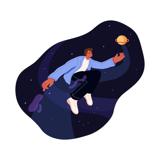 Person dreaming flying in cosmos exploring space planets man explorer floating in universe galaxy traveling studying astronomy concept flat vector illustration isolated on white background