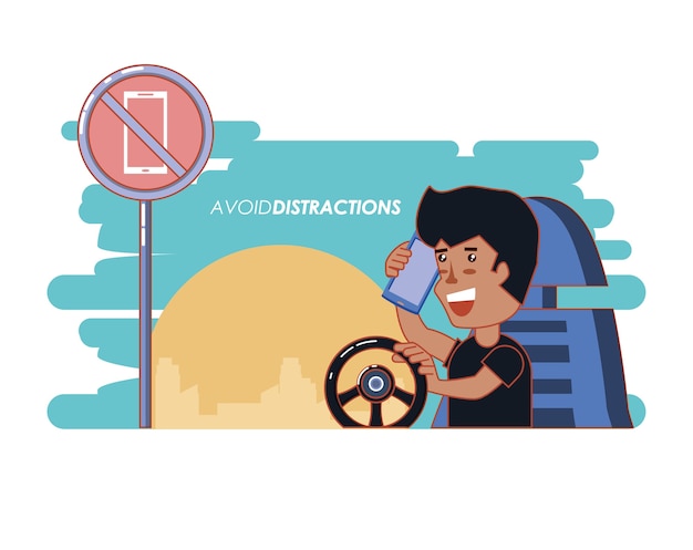 Vector person driving with a void distractions label