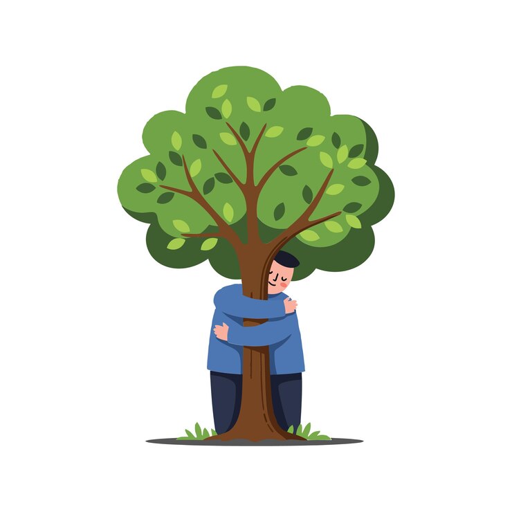 Vector a person embracing a lush green tree in a flat vector illustration showcasing connection with nature and environmental awareness vector art