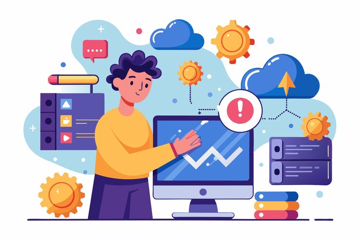 Vector a person engages with cloud computing tools while analyzing data in a modern office setup solving problems with cloud computer errors
