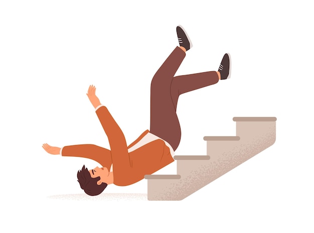 Vector person falling down from career ladder. fall of young man from stairs. failure, fiasco, problem and bad luck concept. colored flat vector illustration of people in trouble isolated on white background