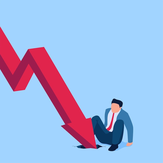 Vettore una persona cade all'indietro a terra a causa di una freccia che improvvisamente si dirige verso di lui, metafora del calo dei profitti aziendali