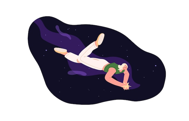 Person flying in space cosmos with star in hand dreaming and finding inspiration Imagination concept Woman dreamer floating in universe Flat vector illustration isolated on white background