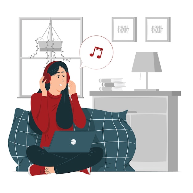 Person, girl, a woman with music while working at home concept illustration