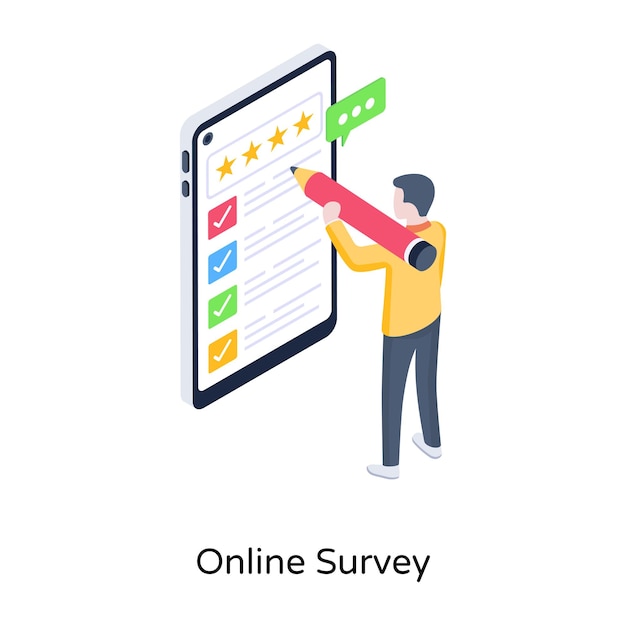 オンラインレビューを与える人は、オンライン調査の等角投影アイコンです