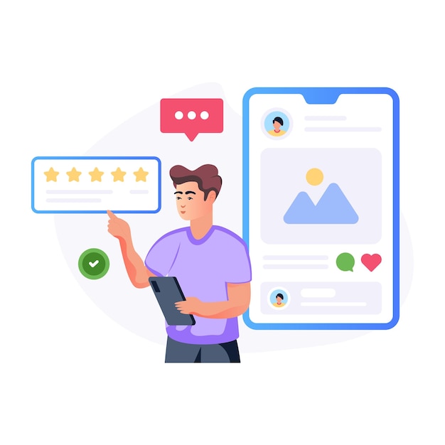 Person giving online reviews flat illustration of user experience