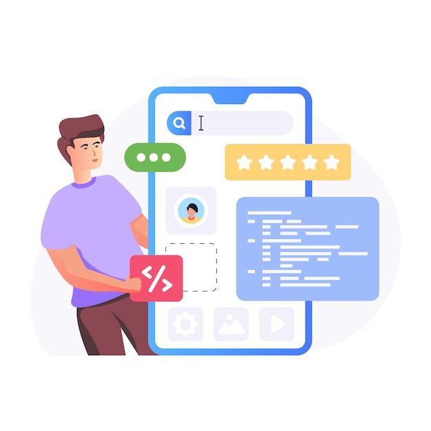 Person giving online reviews flat illustration of user experience