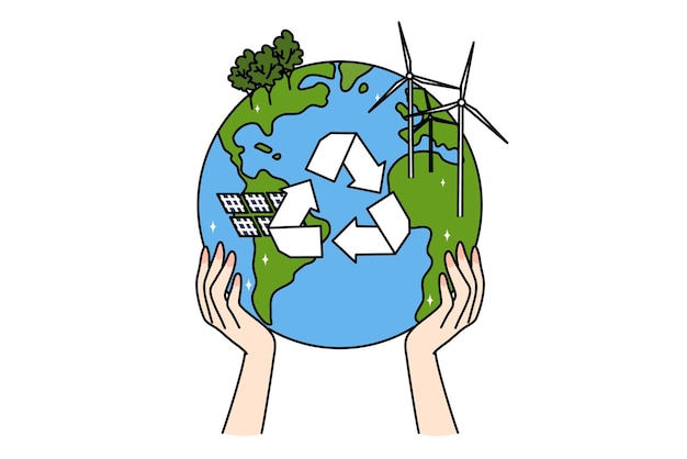 Vector person hands hold earth globe with recycle sign in middle concept of natural resources protection