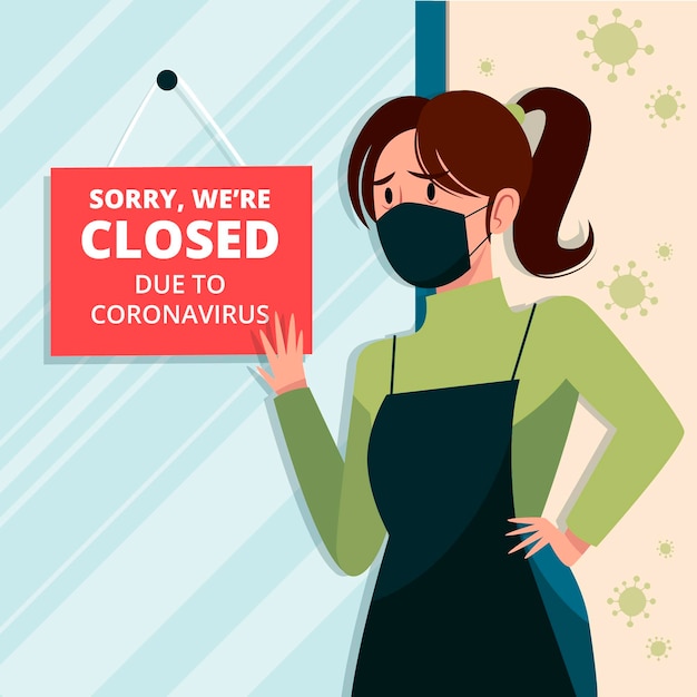 Vector person hanging a closed signboard due to coronavirus quarantine