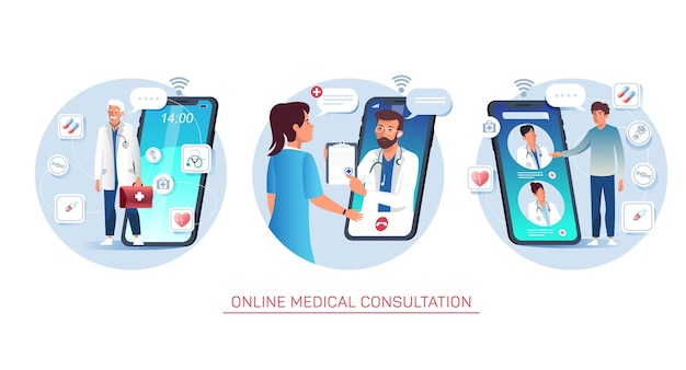 Person having consultation with doctor through mobile app vector set