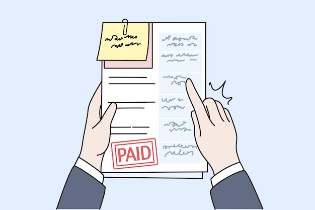 Vector person hold papers with paid bills and invoices