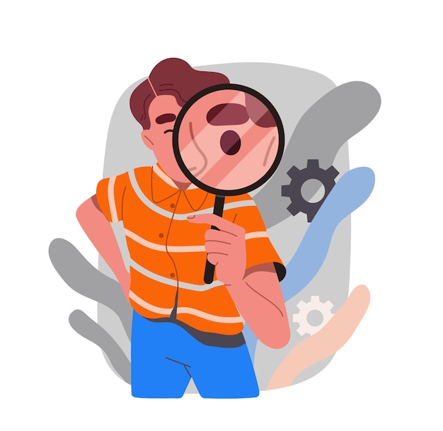 Vector person holding magnifying glass man stands with loupe searching of information investigation